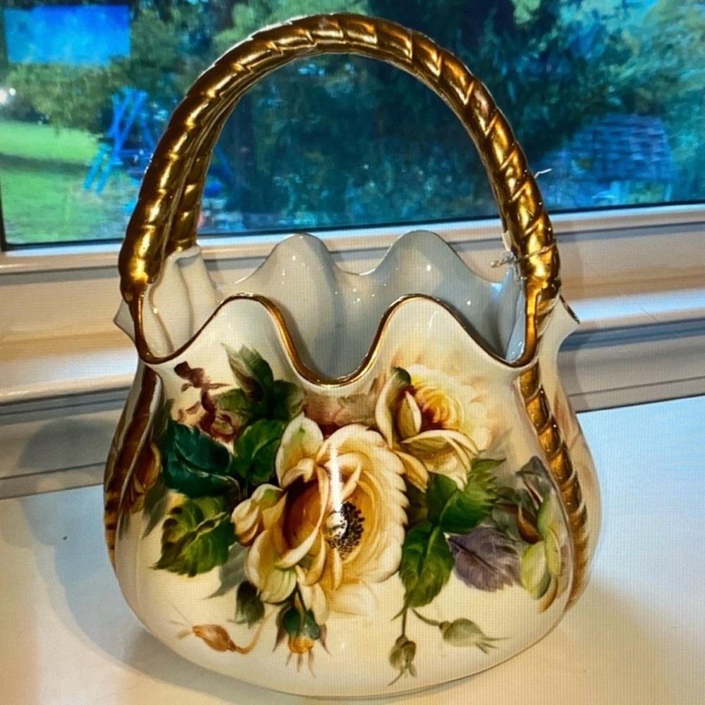 Vintage Porcelain Floral Handpainted Basket with Gold Handle